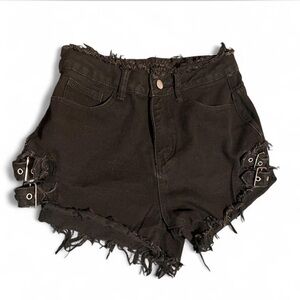 Black denim shorts with buckle straps and frayed hem size M